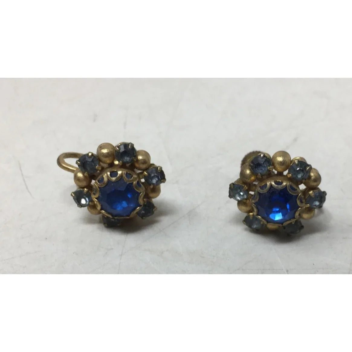 Women's Gold Tone Screw Back Earrings with Blue Rhinestones - A+ Stuff - Earrings - A+ Stuff
