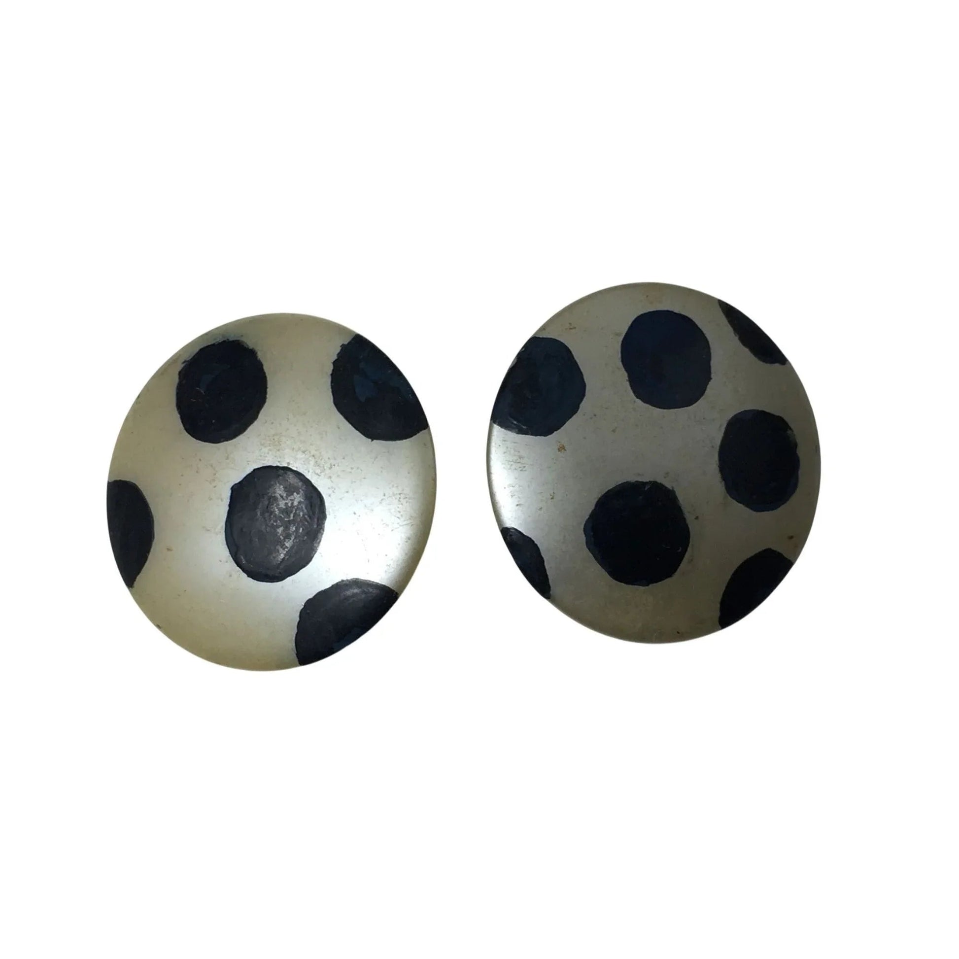 Women's Large Round White Clip On Earrings with Navy Blue Polka Dots on them - A+ Stuff - Earrings - A+ Stuff