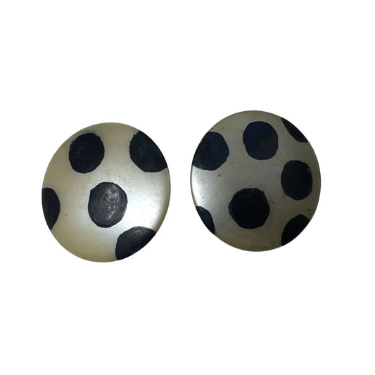 Women's Large Round White Clip On Earrings with Navy Blue Polka Dots on them - A+ Stuff - Earrings - A+ Stuff
