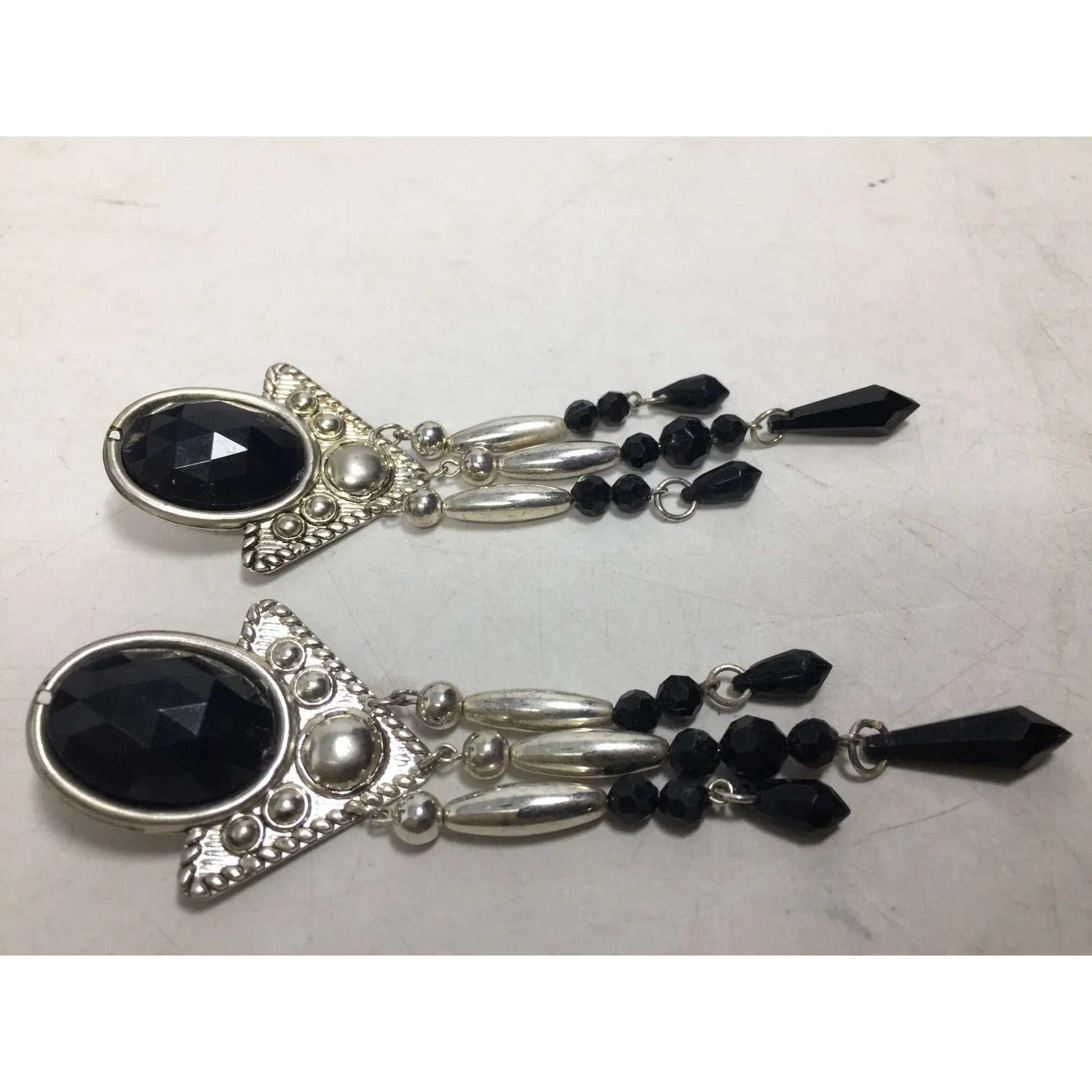 Women's Long Chunky Silver and black Chandelier Dangle Earrings - A+ Stuff - Earrings - A+ Stuff
