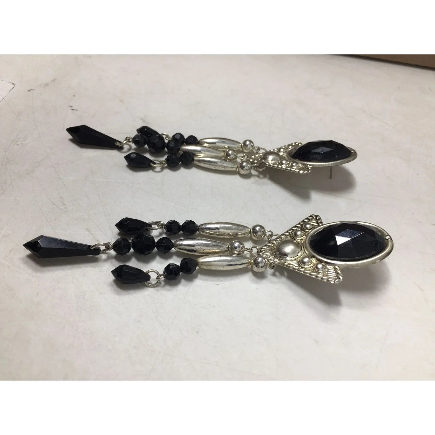 Women's Long Chunky Silver and black Chandelier Dangle Earrings - A+ Stuff - Earrings - A+ Stuff