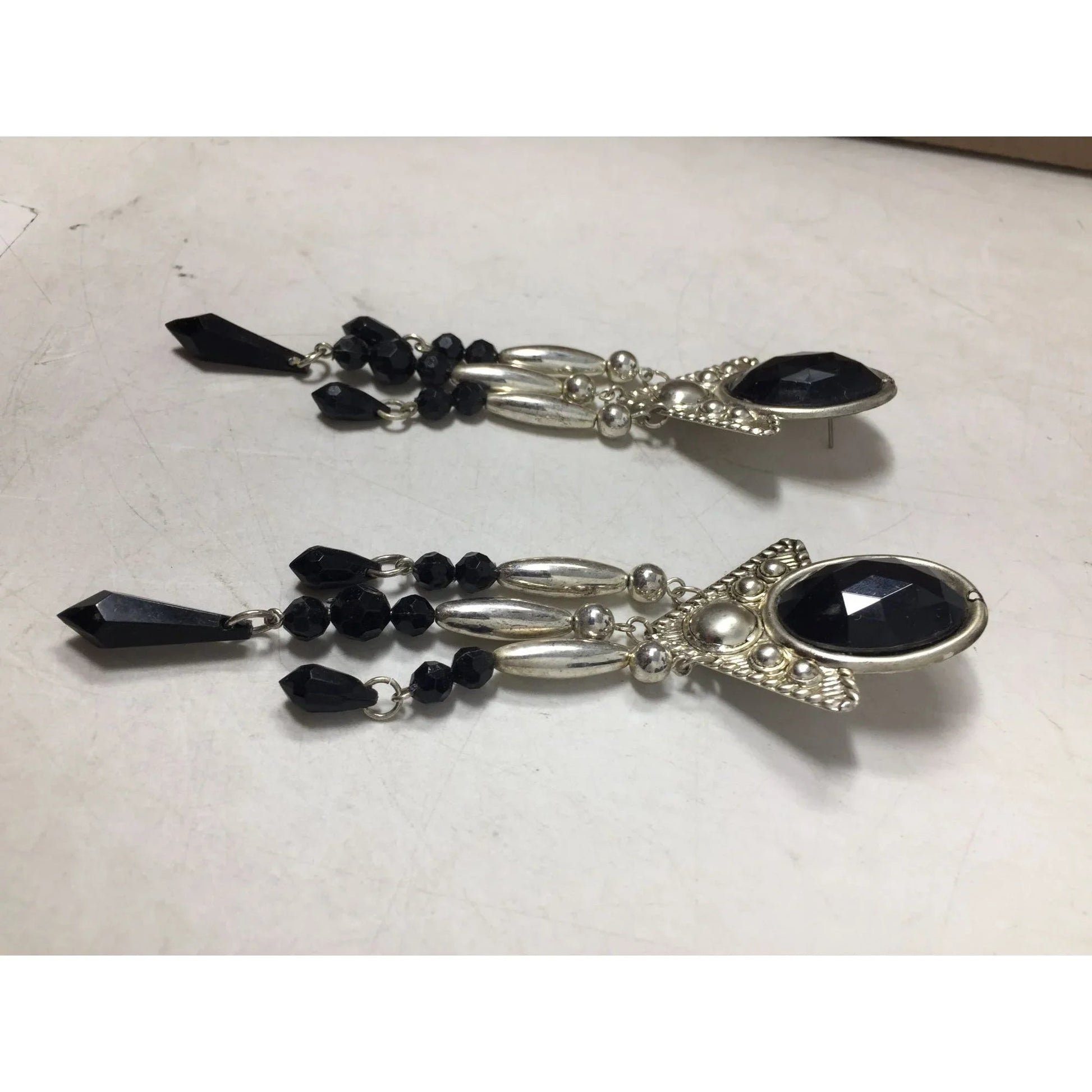 Women's Long Chunky Silver and black Chandelier Dangle Earrings - A+ Stuff - Earrings - A+ Stuff