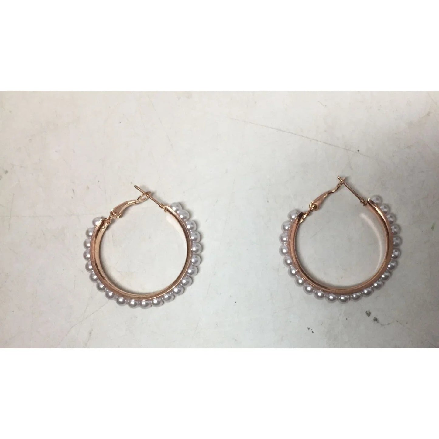 Women's Rose Gold Hoop Earrings with White Faux Pearl/Beads (Like new) - A+ Stuff - Earrings - A+ Stuff