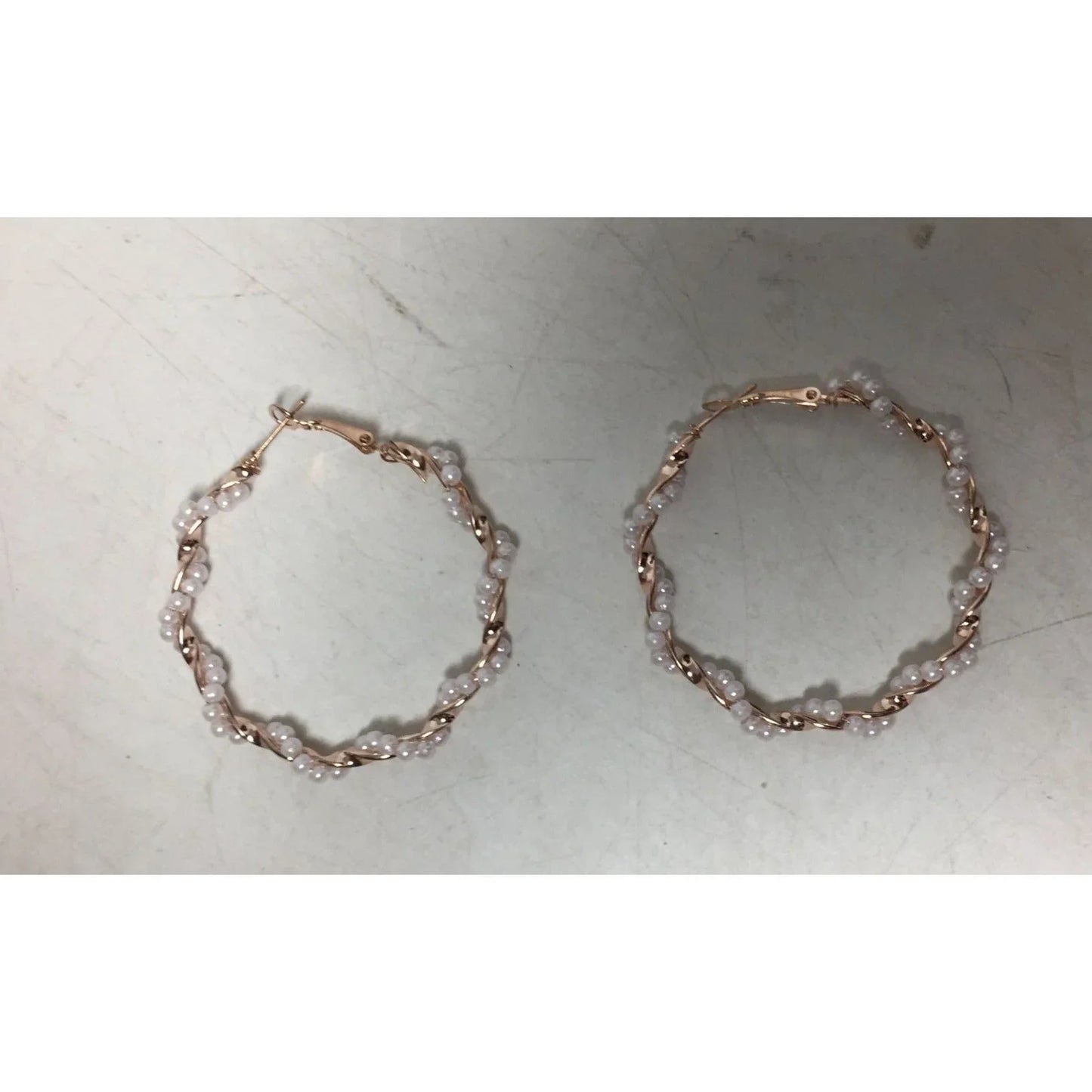 Women's Rose Gold Twisted Hoop Earrings with White Faux Pearl/Beads - A+ Stuff - Earrings - A+ Stuff