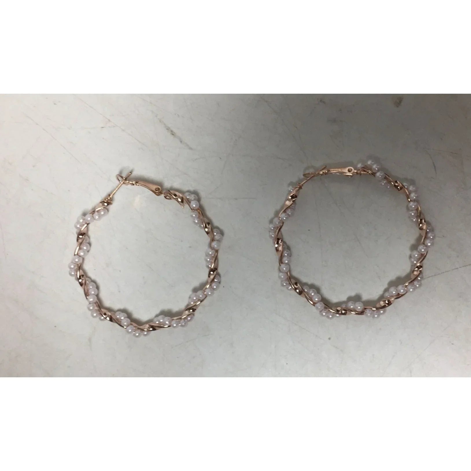 Women's Rose Gold Twisted Hoop Earrings with White Faux Pearl/Beads - A+ Stuff - Earrings - A+ Stuff