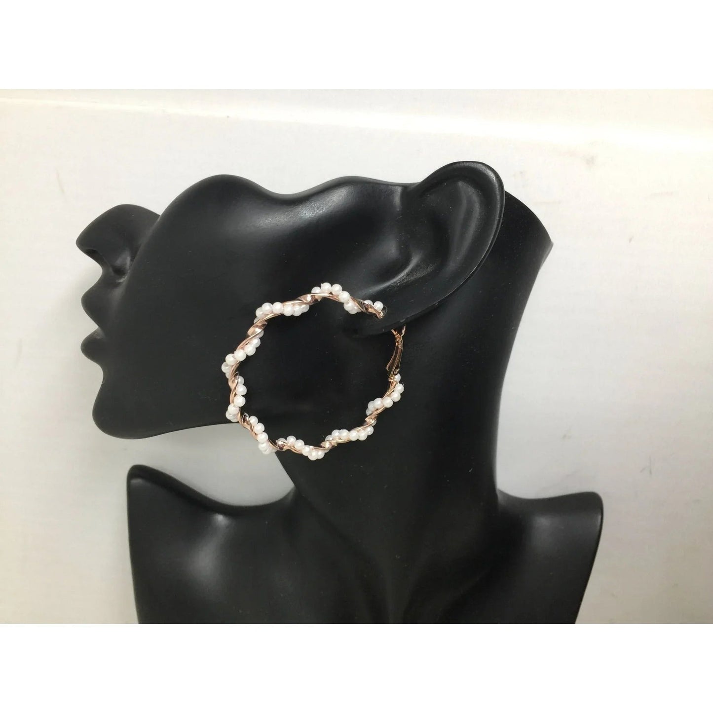 Women's Rose Gold Twisted Hoop Earrings with White Faux Pearl/Beads - A+ Stuff - Earrings - A+ Stuff