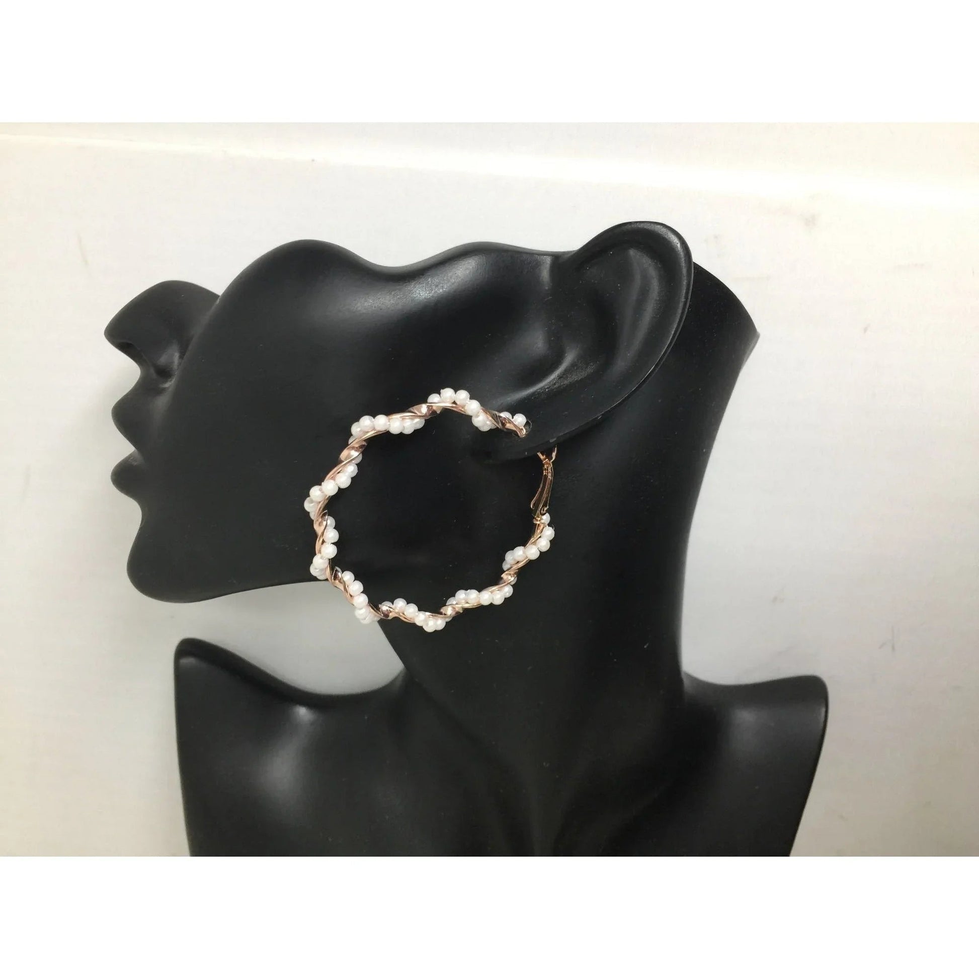 Women's Rose Gold Twisted Hoop Earrings with White Faux Pearl/Beads - A+ Stuff - Earrings - A+ Stuff