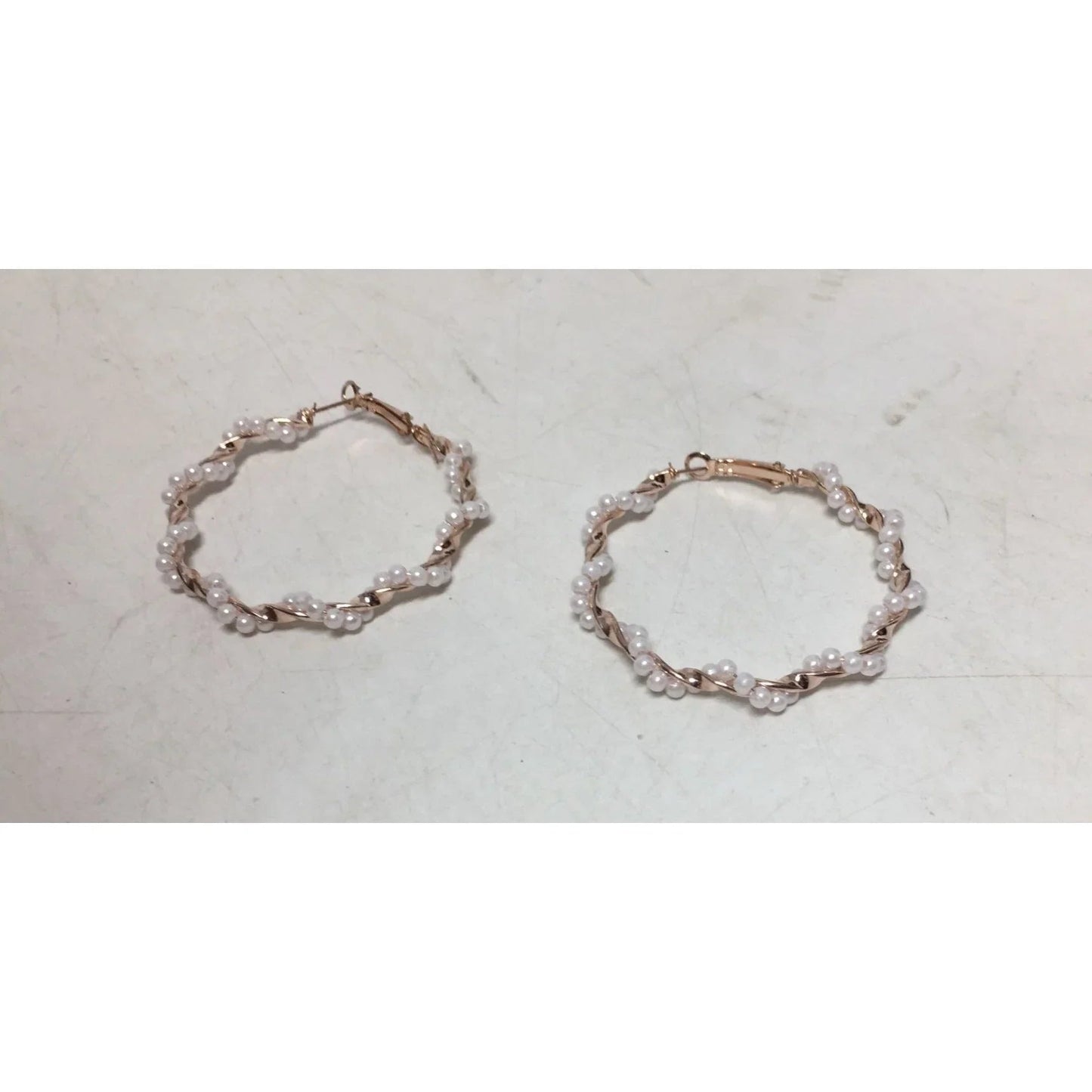 Women's Rose Gold Twisted Hoop Earrings with White Faux Pearl/Beads - A+ Stuff - Earrings - A+ Stuff