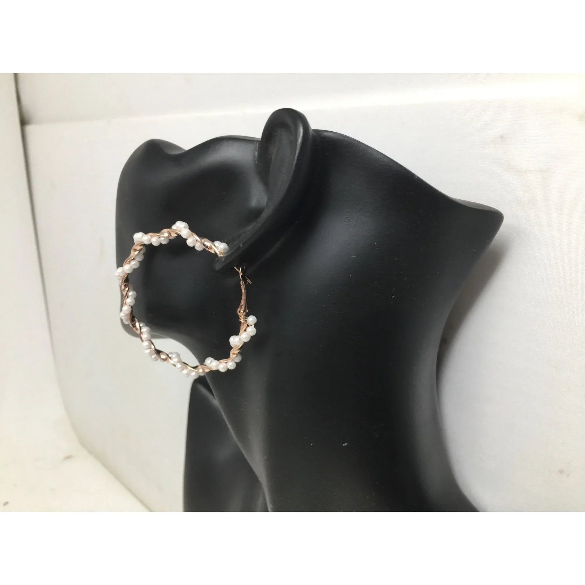Women's Rose Gold Twisted Hoop Earrings with White Faux Pearl/Beads - A+ Stuff - Earrings - A+ Stuff