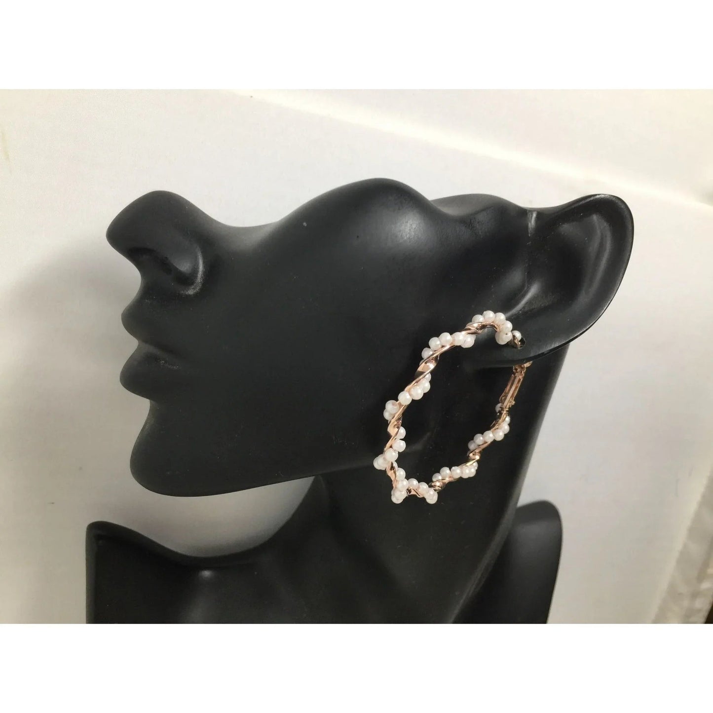 Women's Rose Gold Twisted Hoop Earrings with White Faux Pearl/Beads - A+ Stuff - Earrings - A+ Stuff