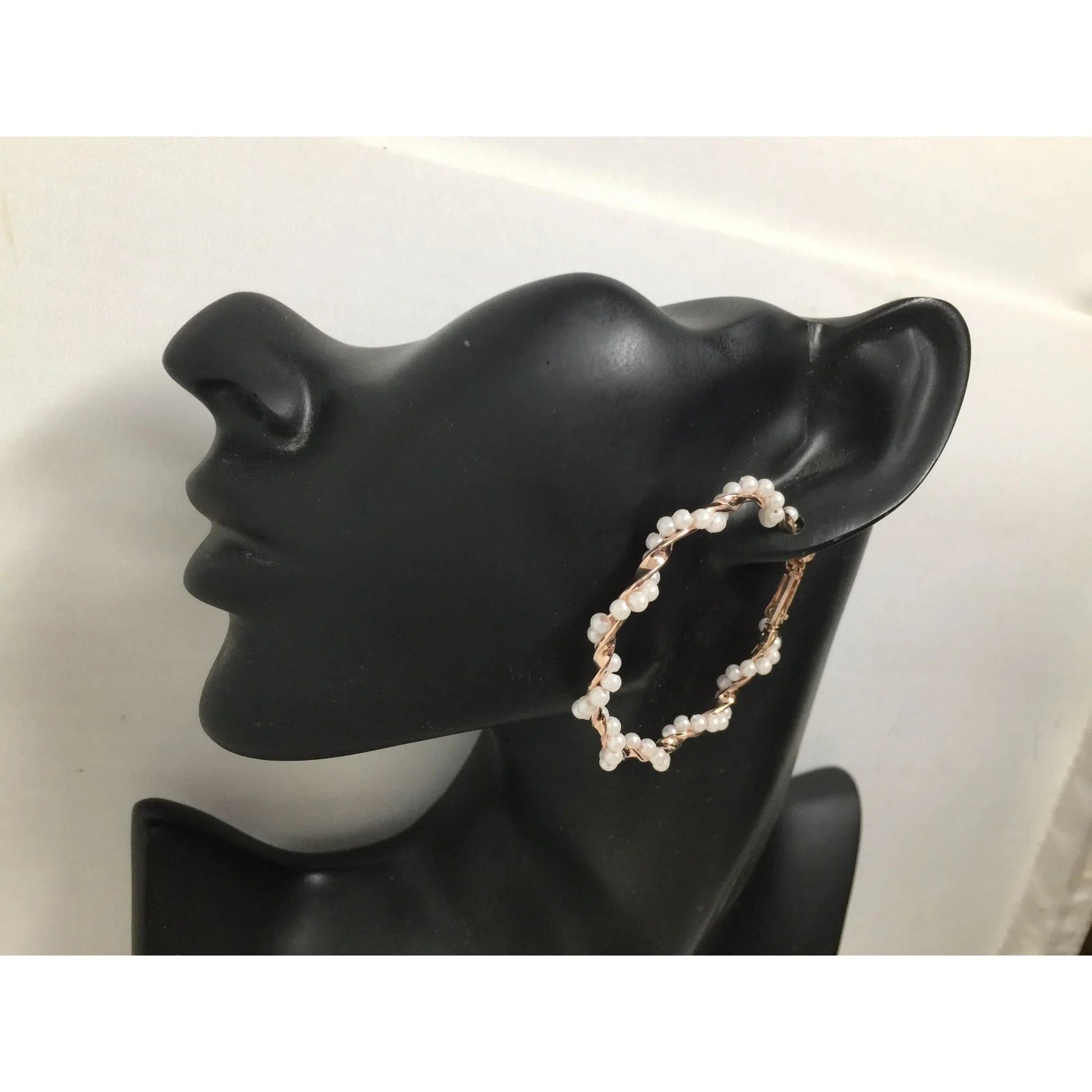 Women's Rose Gold Twisted Hoop Earrings with White Faux Pearl/Beads - A+ Stuff - Earrings - A+ Stuff