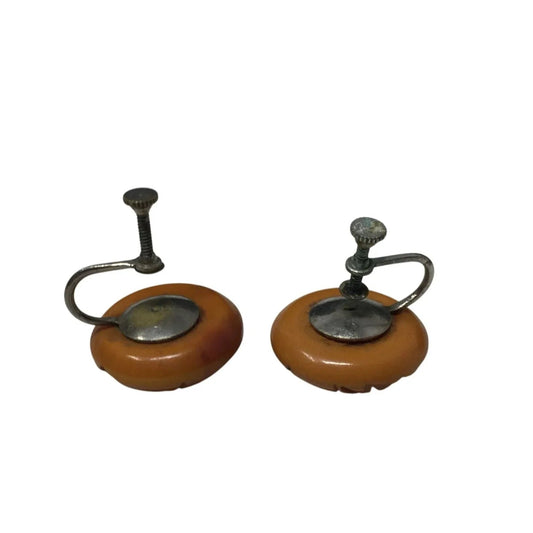 Women's Round Brown Screw Back Clip On Earrings with Leaf Design - A+ Stuff - earrings - A+ Stuff
