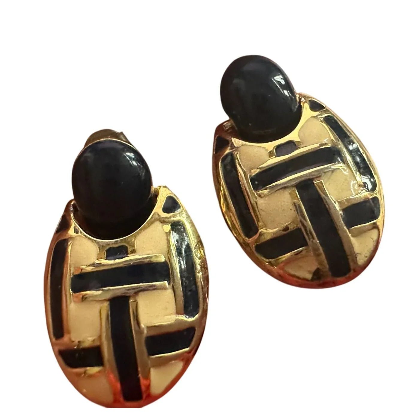 Women's Round Gold tone Dangle Earrings with Navy blue and White stripes - A+ Stuff - Earrings - A+ Stuff