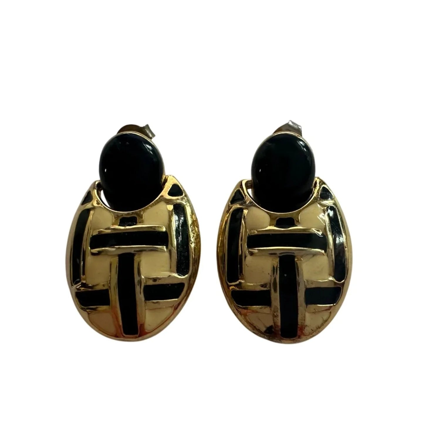 Women's Round Gold tone Dangle Earrings with Navy blue and White stripes - A+ Stuff - Earrings - A+ Stuff