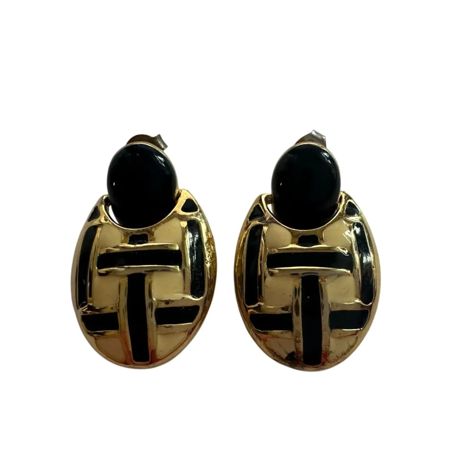 Women's Round Gold tone Dangle Earrings with Navy blue and White stripes - A+ Stuff - Earrings - A+ Stuff