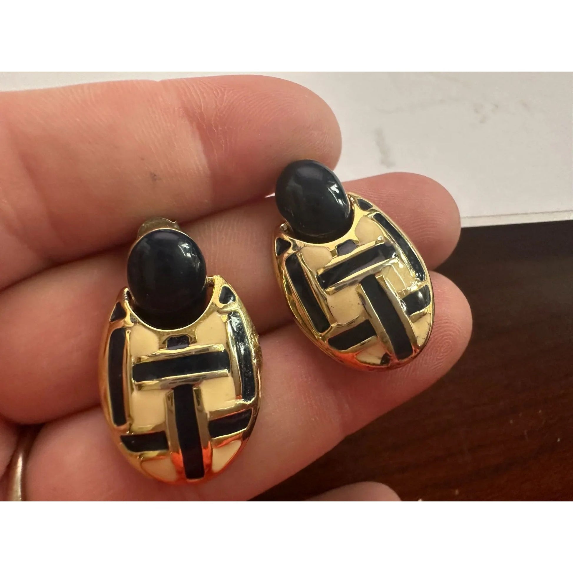 Women's Round Gold tone Dangle Earrings with Navy blue and White stripes - A+ Stuff - Earrings - A+ Stuff