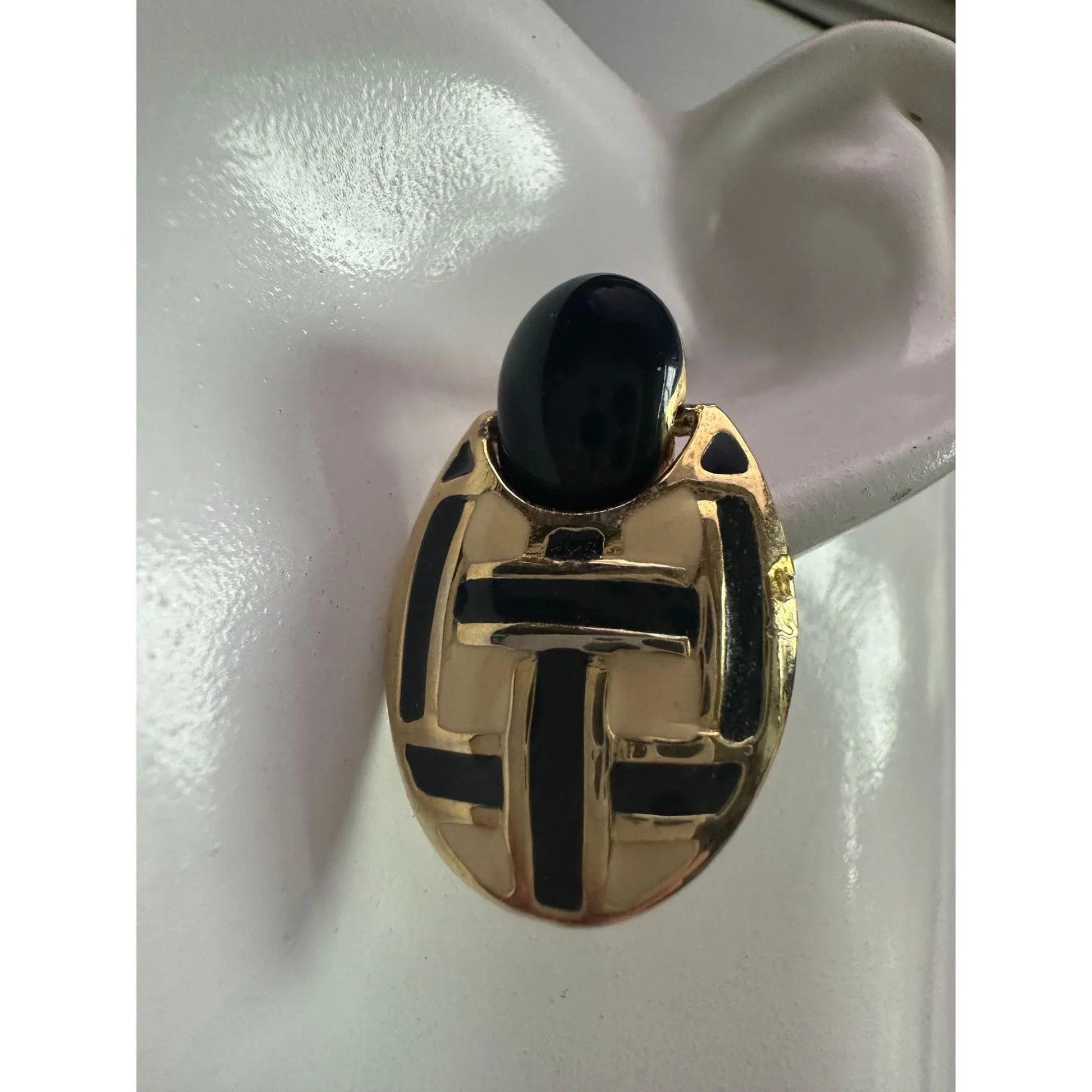 Women's Round Gold tone Dangle Earrings with Navy blue and White stripes - A+ Stuff - Earrings - A+ Stuff
