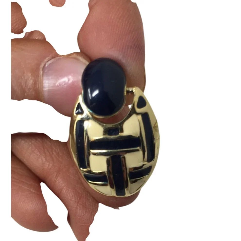 Women's Round Gold tone Dangle Earrings with Navy blue and White stripes - A+ Stuff - Earrings - A+ Stuff