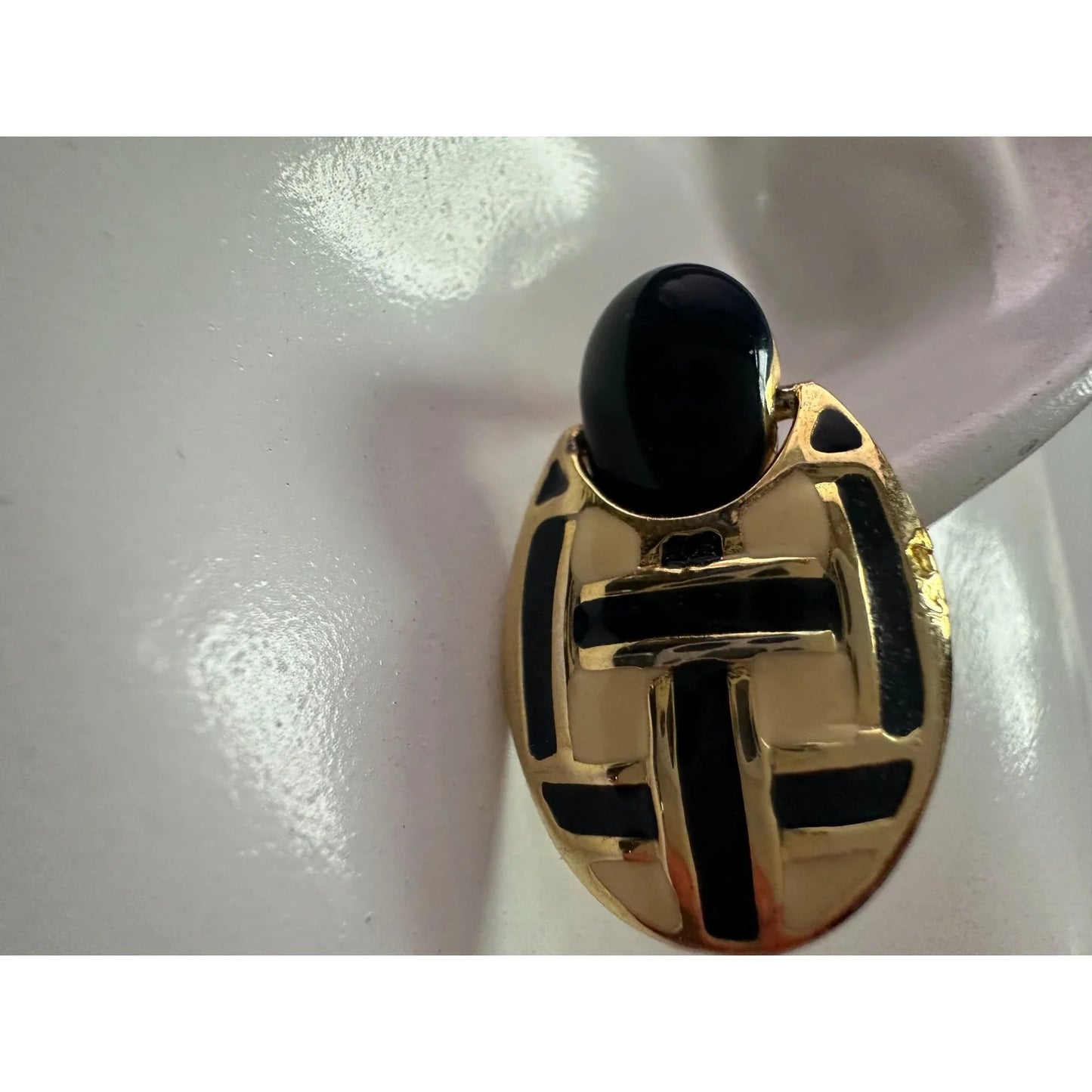 Women's Round Gold tone Dangle Earrings with Navy blue and White stripes - A+ Stuff - Earrings - A+ Stuff