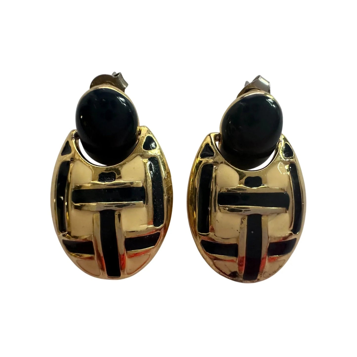 Women's Round Gold tone Dangle Earrings with Navy blue and White stripes - A+ Stuff - Earrings - A+ Stuff