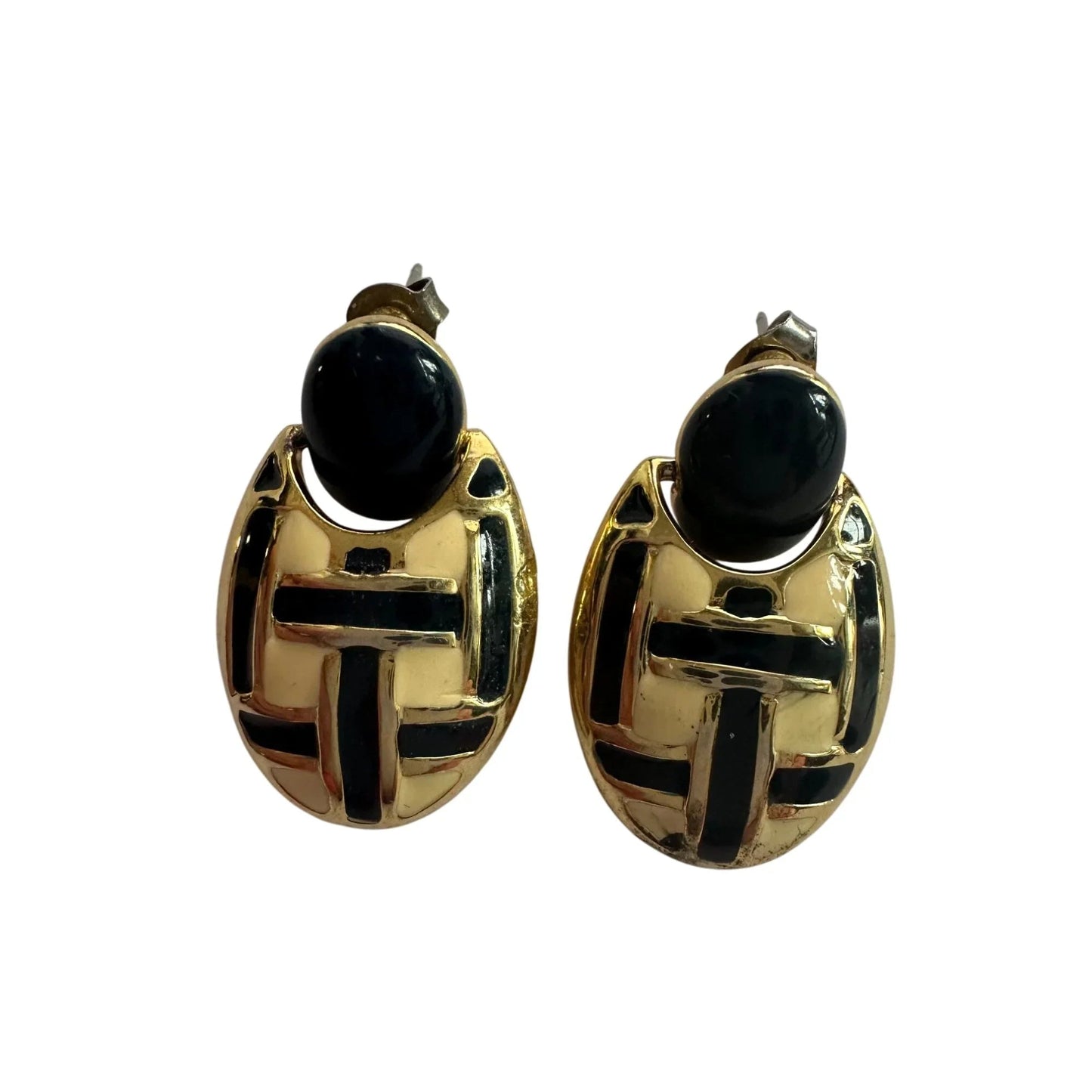 Women's Round Gold tone Dangle Earrings with Navy blue and White stripes - A+ Stuff - Earrings - A+ Stuff