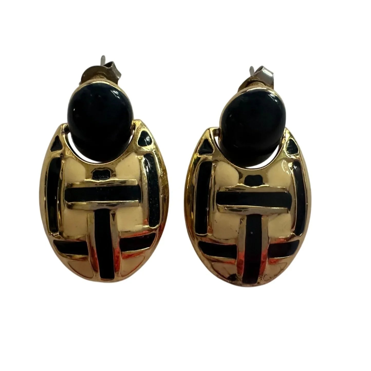 Women's Round Gold tone Dangle Earrings with Navy blue and White stripes - A+ Stuff - Earrings - A+ Stuff