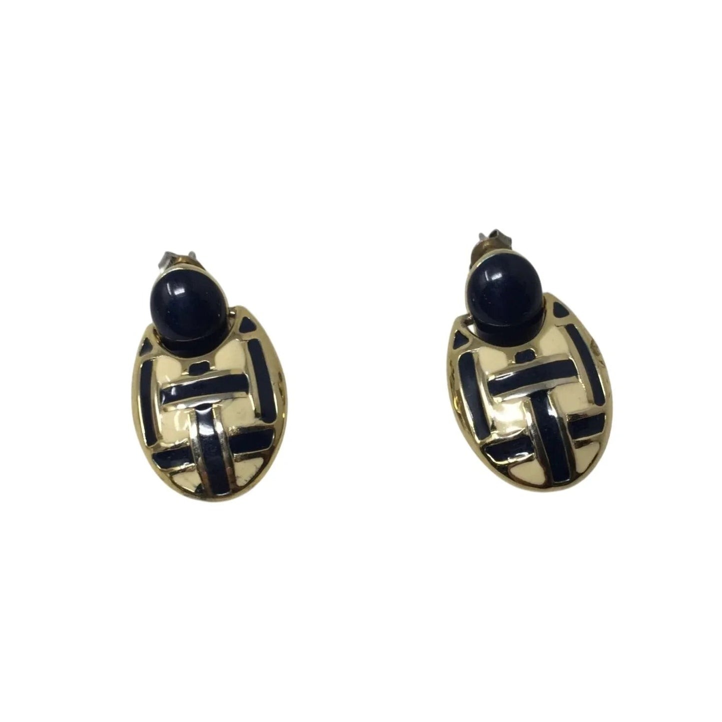 Women's Round Gold tone Dangle Earrings with Navy blue and White stripes - A+ Stuff - Earrings - A+ Stuff