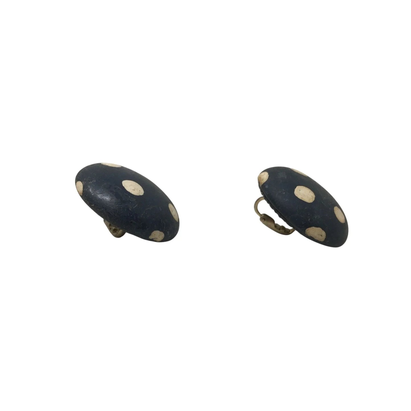 Women's Round Navy Blue Clip on Earrings with White Polka Dots - A+ Stuff - Earrings - A+ Stuff