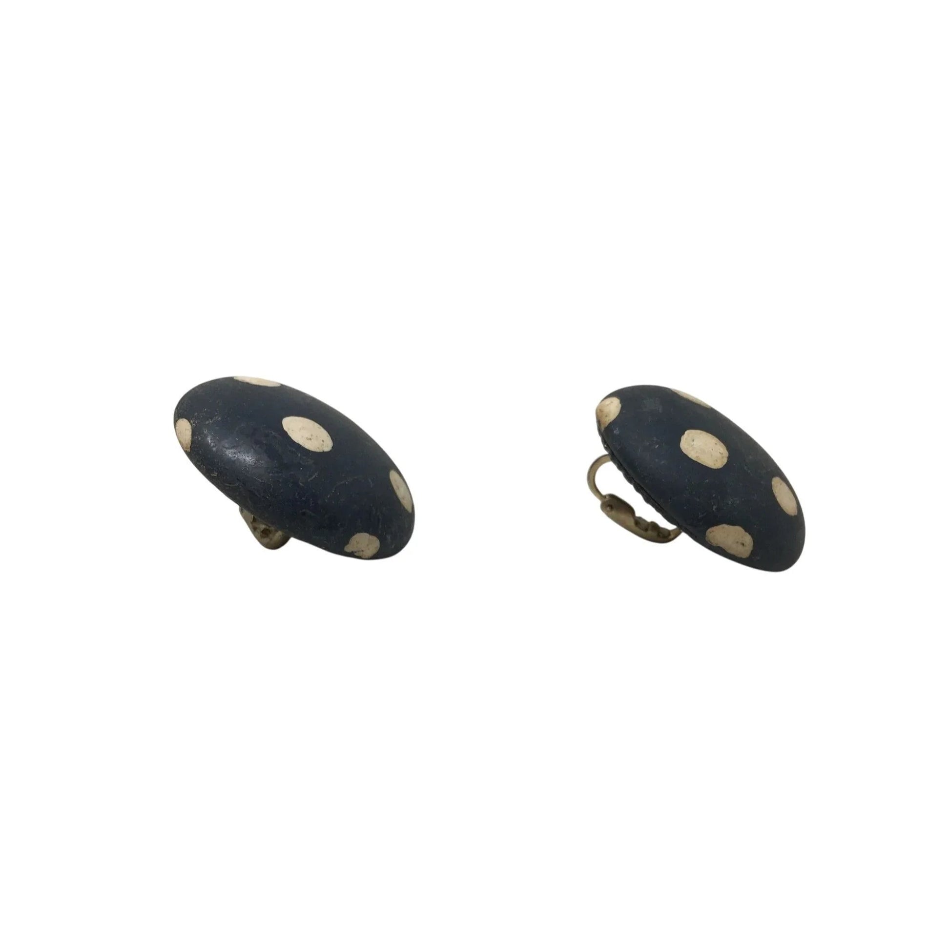 Women's Round Navy Blue Clip on Earrings with White Polka Dots - A+ Stuff - Earrings - A+ Stuff