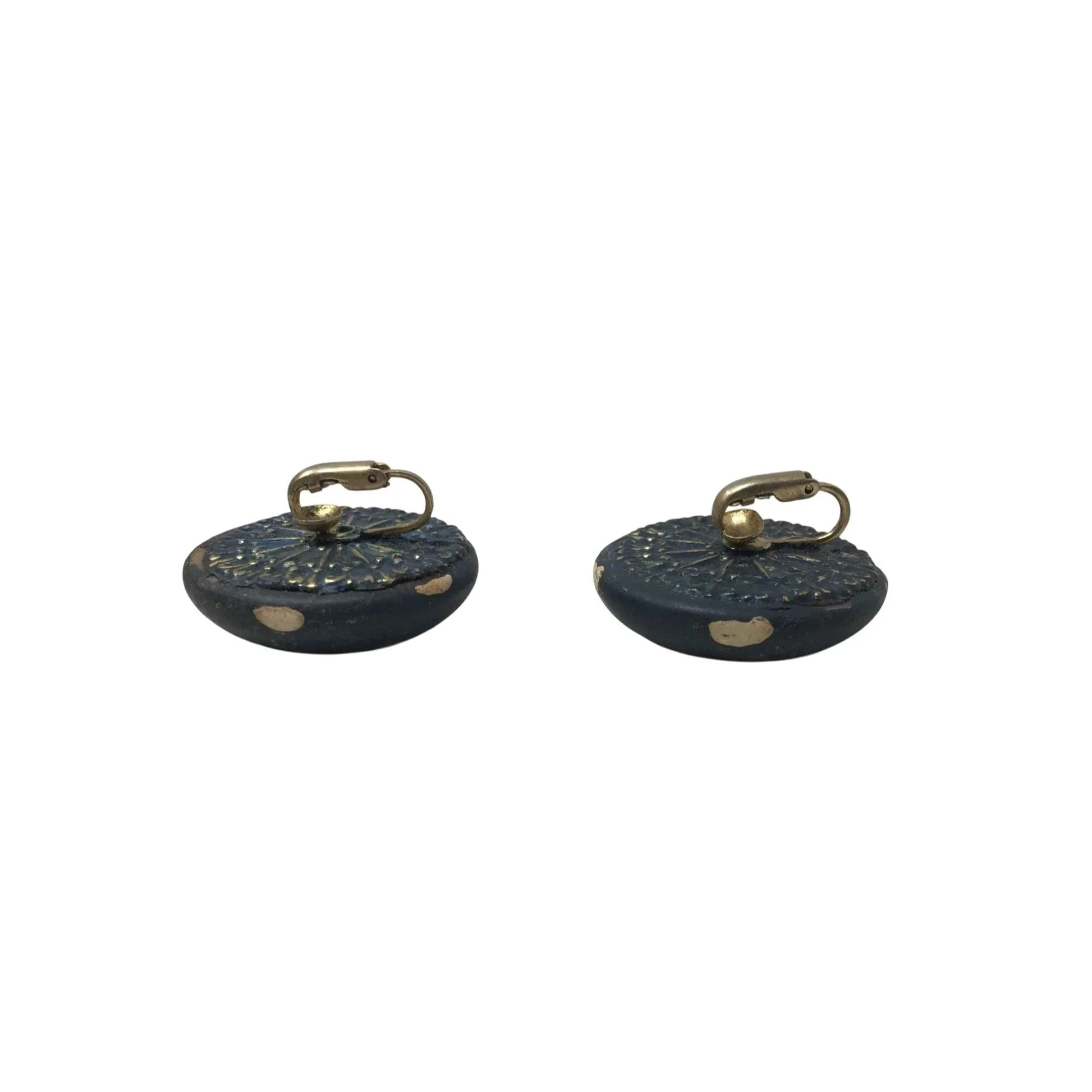 Women's Round Navy Blue Clip on Earrings with White Polka Dots - A+ Stuff - Earrings - A+ Stuff