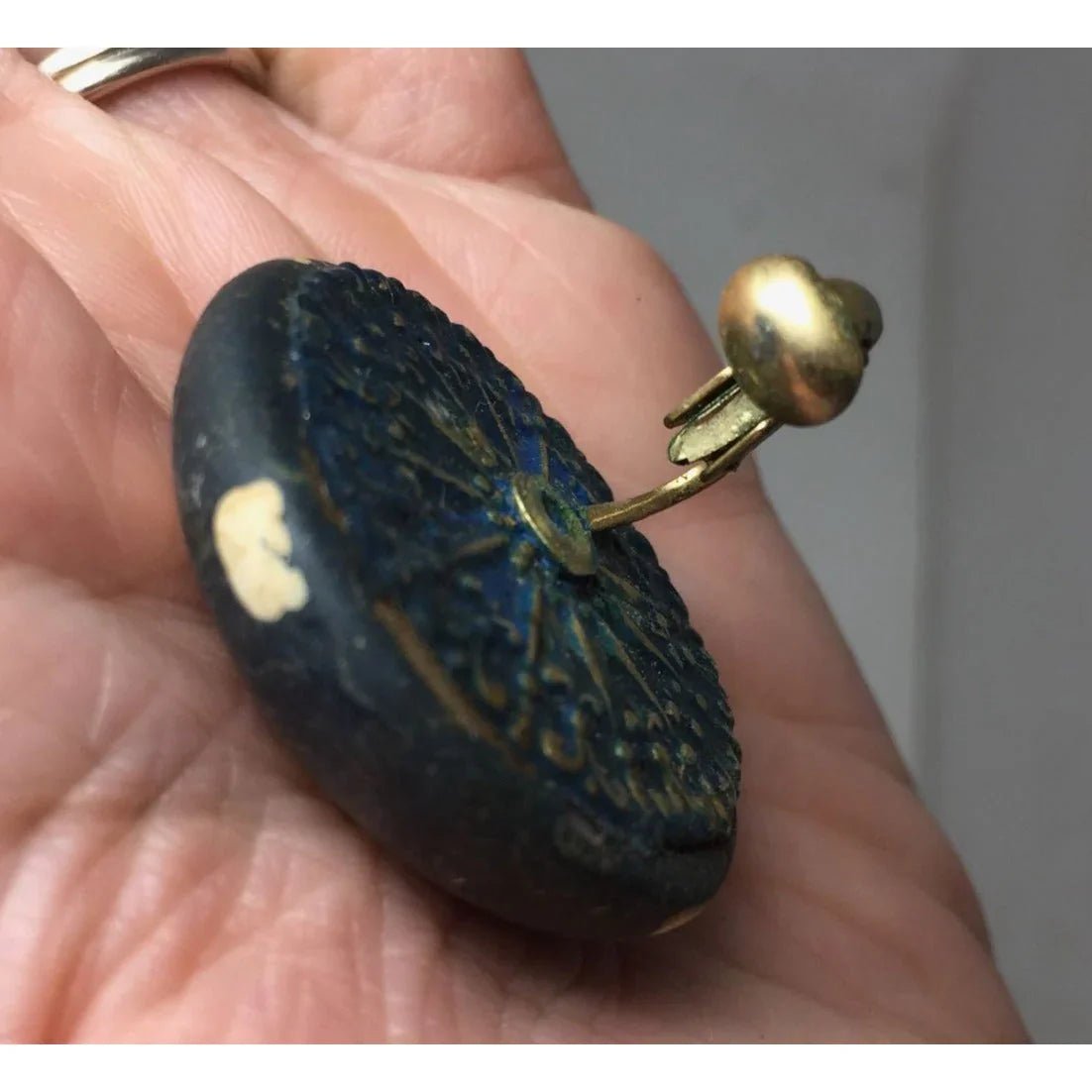 Women's Round Navy Blue Clip on Earrings with White Polka Dots - A+ Stuff - Earrings - A+ Stuff