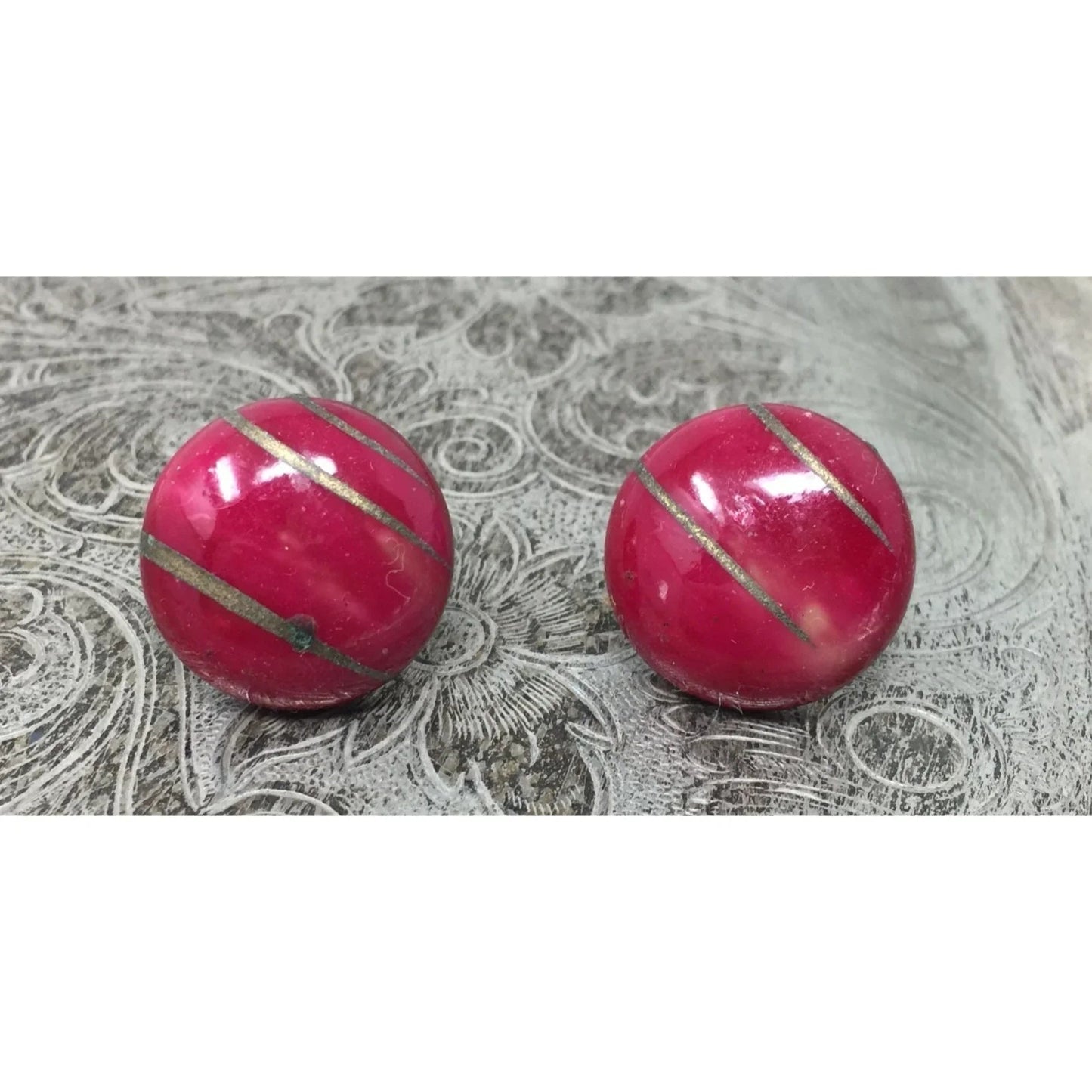 Women's Round Red Dome Button Earrings with Gold Brush Stroke Design - A+ Stuff - Earrings - A+ Stuff