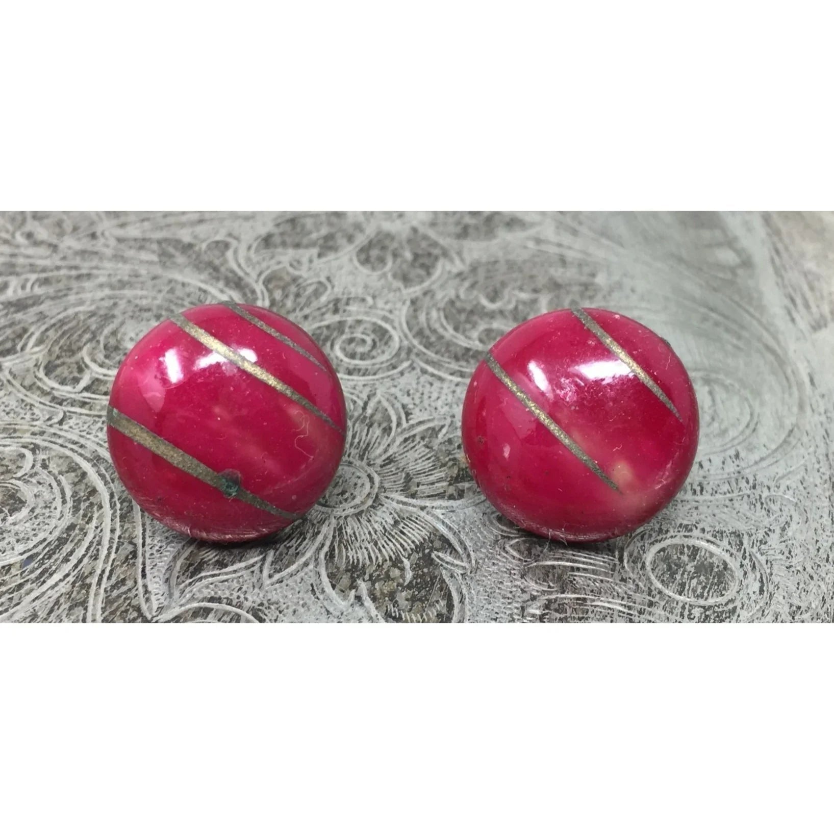 Women's Round Red Dome Button Earrings with Gold Brush Stroke Design - A+ Stuff - Earrings - A+ Stuff