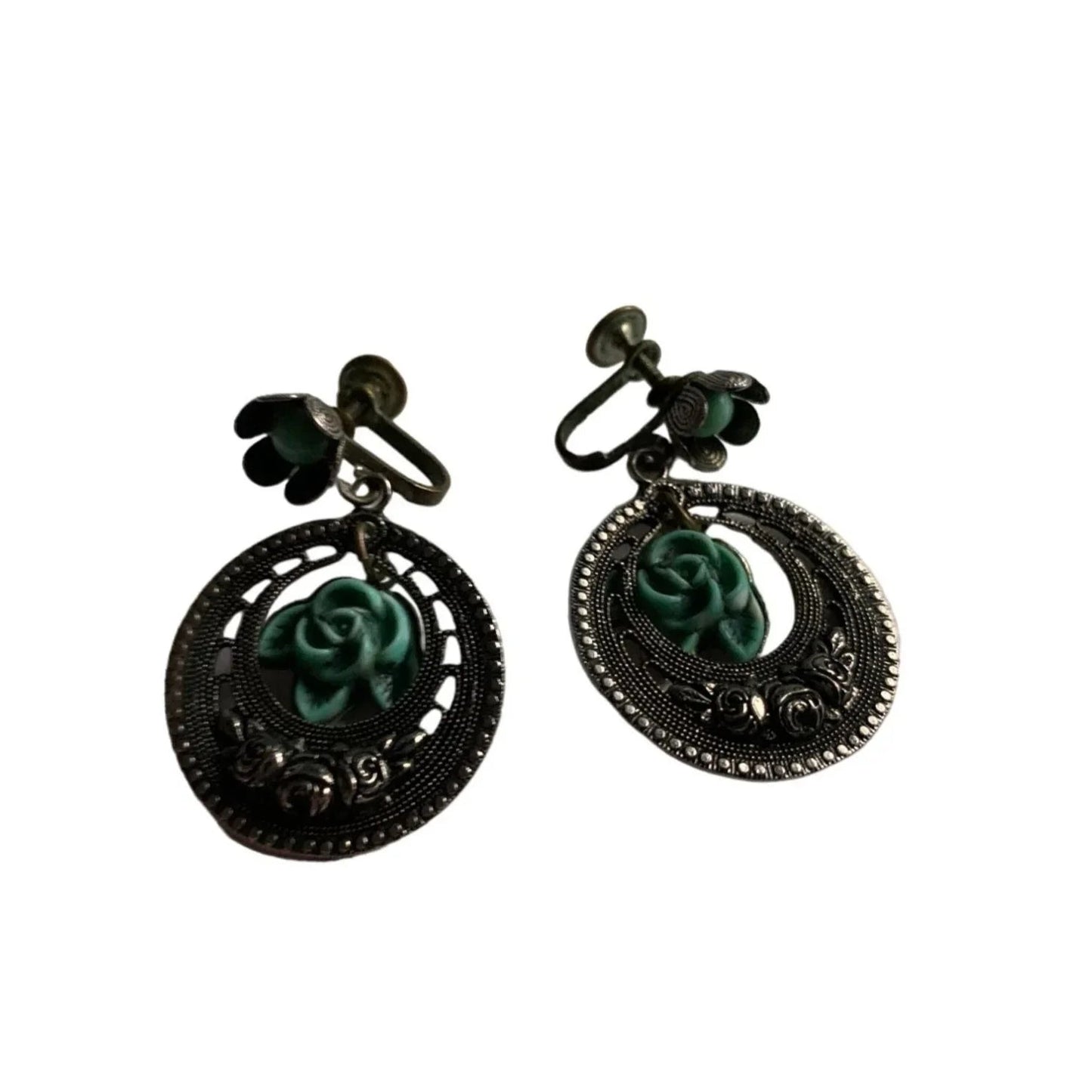 Women's Silver and Teal Clip on/Clamp On Earrings with Flowers on them - A+ Stuff - Earrings - A+ Stuff