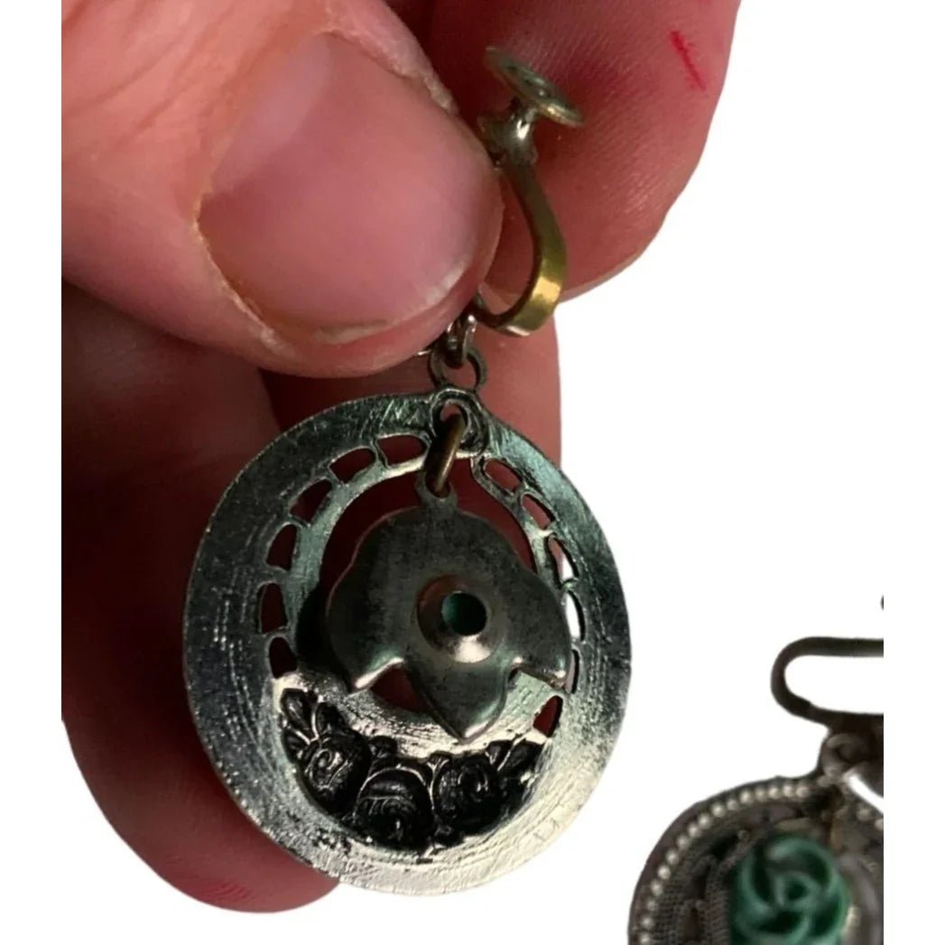 Women's Silver and Teal Clip on/Clamp On Earrings with Flowers on them - A+ Stuff - Earrings - A+ Stuff