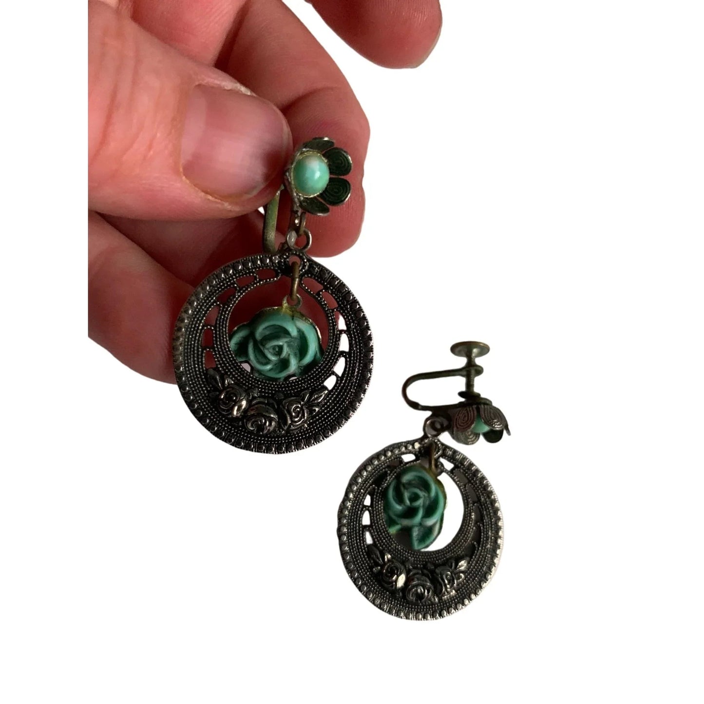 Women's Silver and Teal Clip on/Clamp On Earrings with Flowers on them - A+ Stuff - Earrings - A+ Stuff
