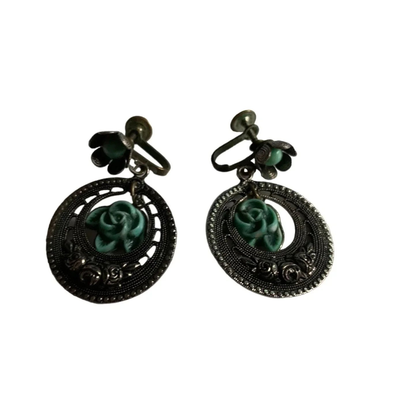 Women's Silver and Teal Clip on/Clamp On Earrings with Flowers on them - A+ Stuff - Earrings - A+ Stuff