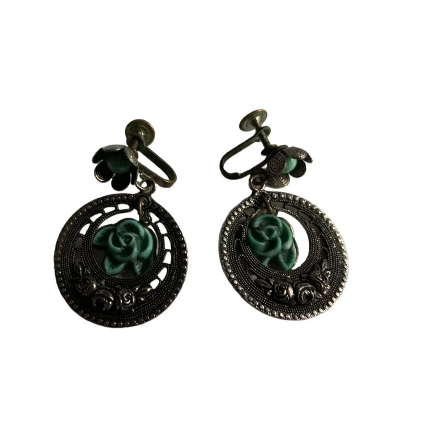 Women's Silver and Teal Clip on/Clamp On Earrings with Flowers on them - A+ Stuff - Earrings - A+ Stuff
