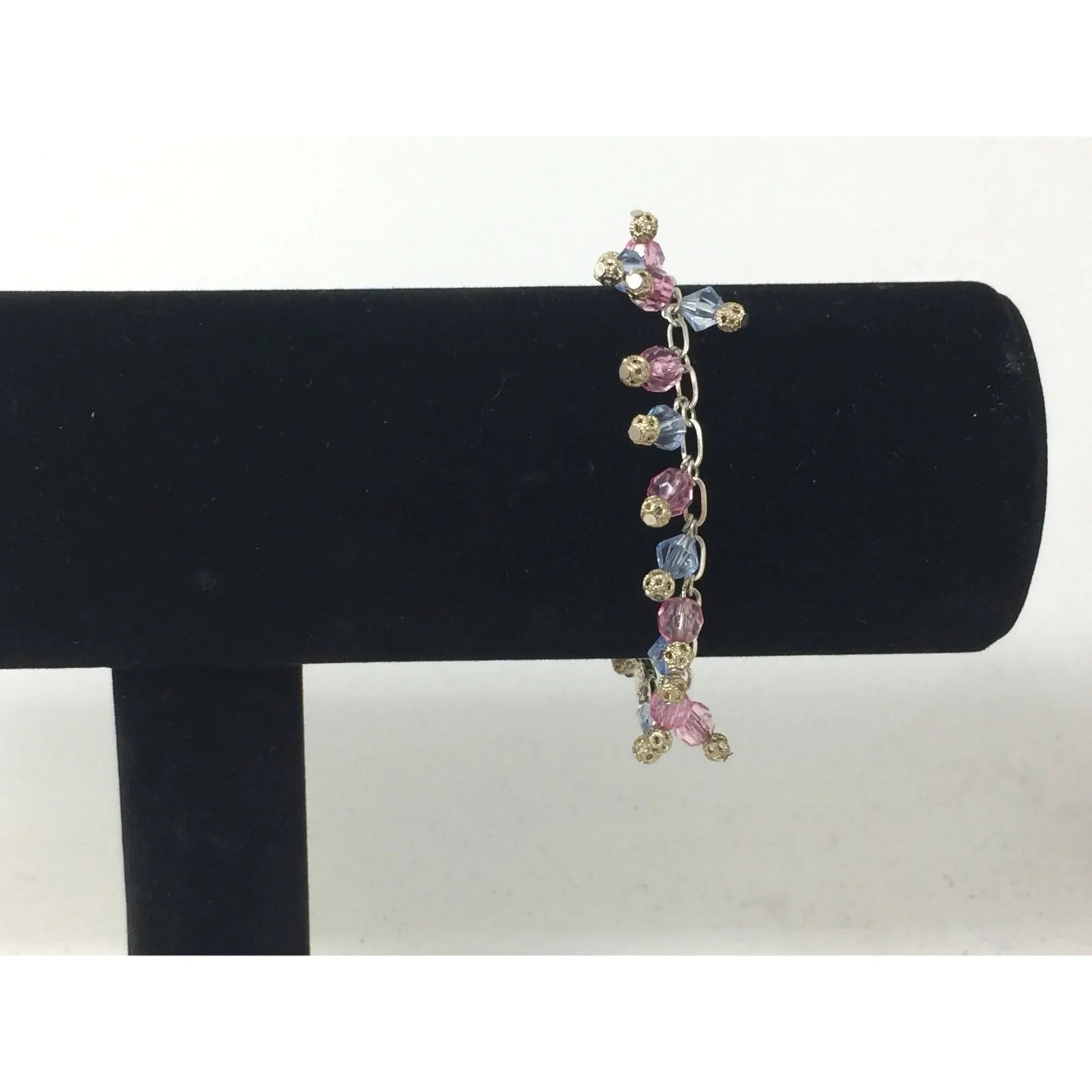 Women's Silver Tone Bracelet with Pink and Blue Hanging Gemstones/Beads - A+ Stuff - Bracelet - A+ Stuff
