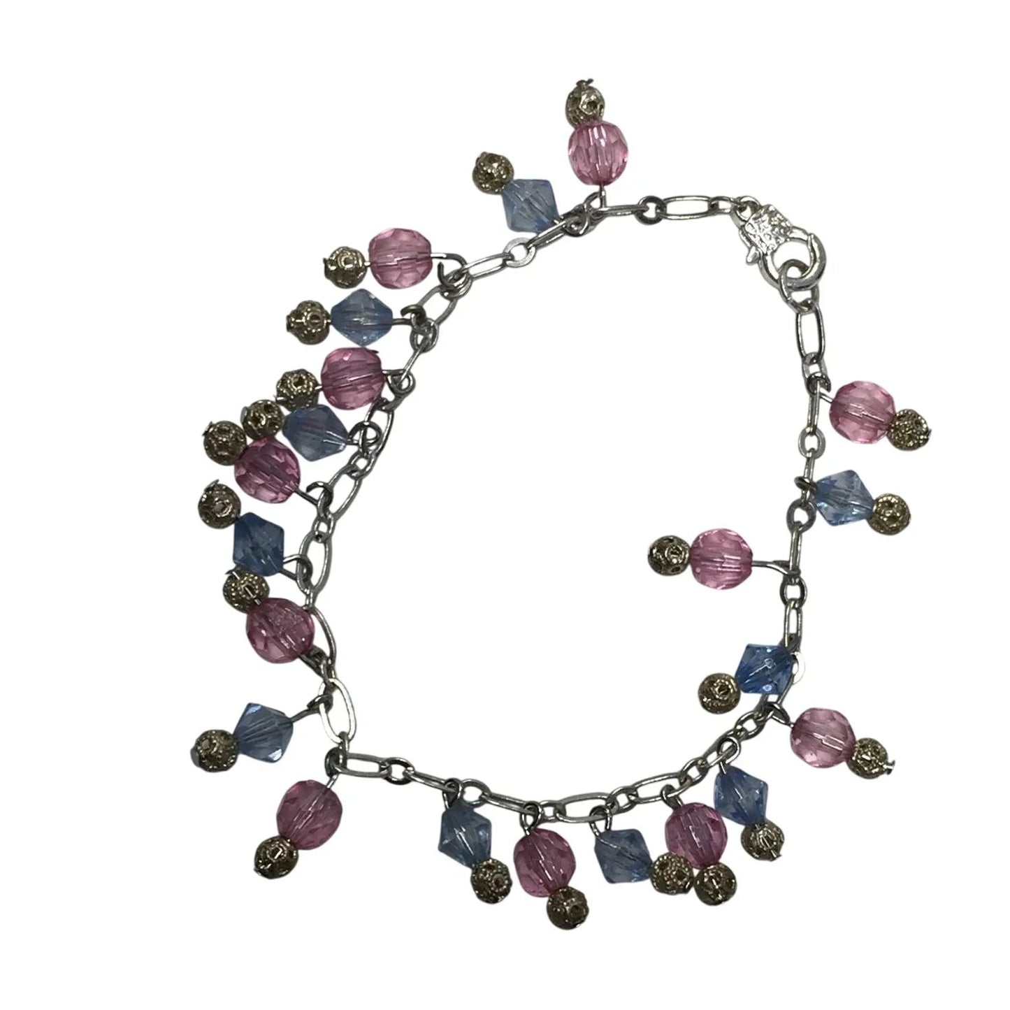 Women's Silver Tone Bracelet with Pink and Blue Hanging Gemstones/Beads - A+ Stuff - Bracelet - A+ Stuff