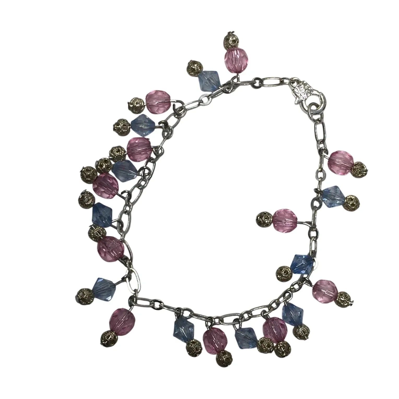 Women's Silver Tone Bracelet with Pink and Blue Hanging Gemstones/Beads - A+ Stuff - Bracelet - A+ Stuff
