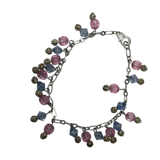 Women's Silver Tone Bracelet with Pink and Blue Hanging Gemstones/Beads - A+ Stuff - Bracelet - A+ Stuff
