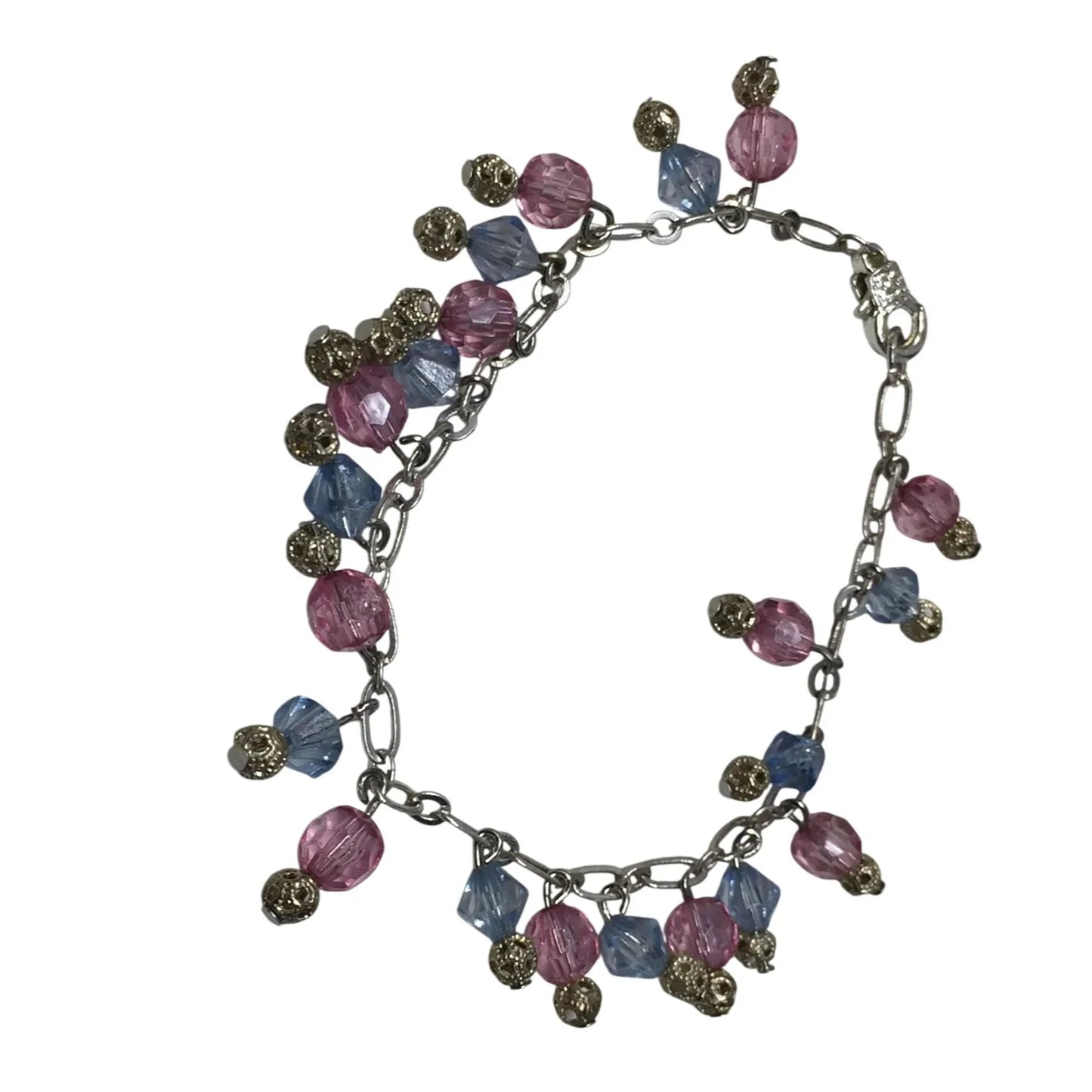 Women's Silver Tone Bracelet with Pink and Blue Hanging Gemstones/Beads - A+ Stuff - Bracelet - A+ Stuff