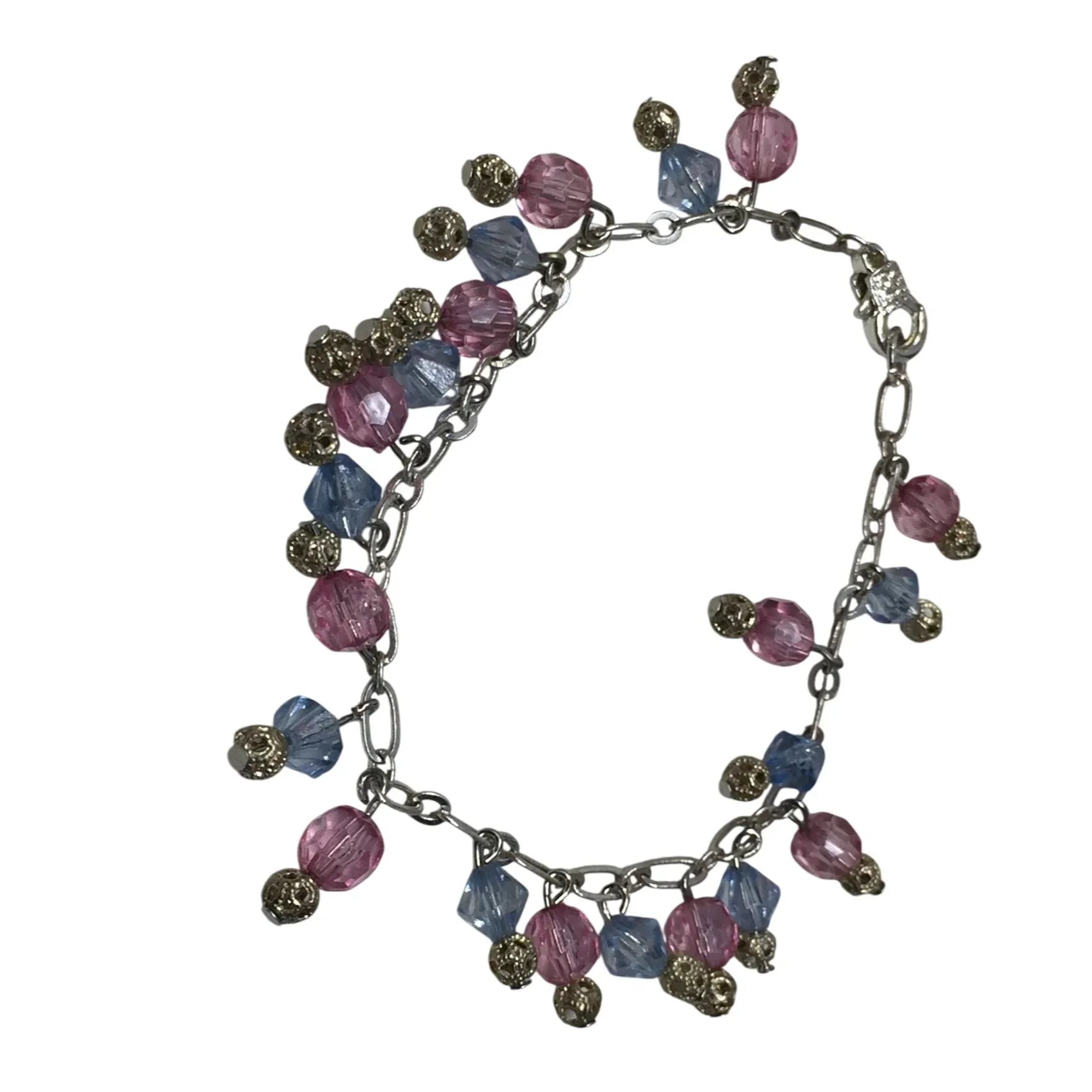 Women's Silver Tone Bracelet with Pink and Blue Hanging Gemstones/Beads - A+ Stuff - Bracelet - A+ Stuff