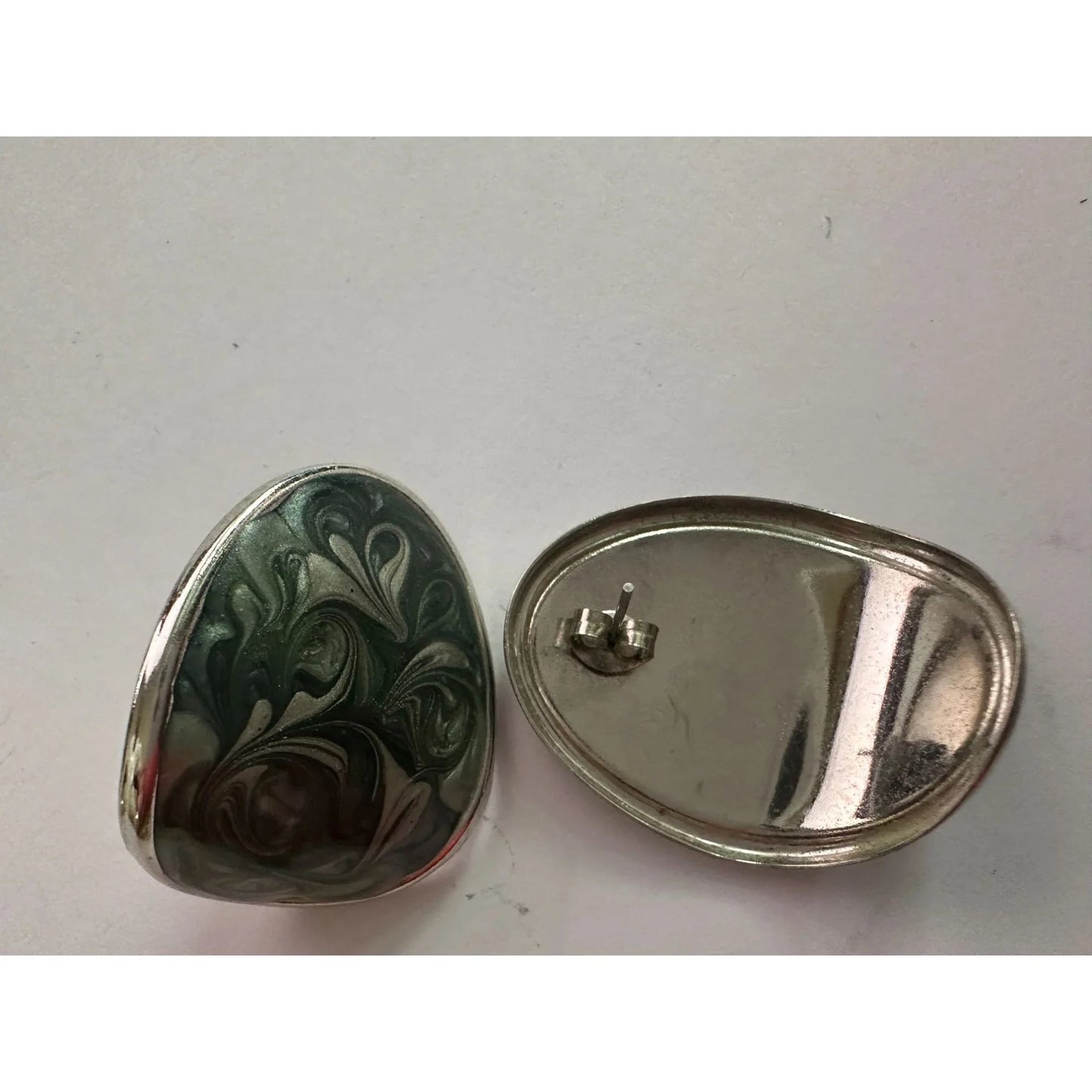 Women's Silver Toned Enamel Earrings with Green Blue Swirl Design - A+ Stuff - earrings - A+ Stuff