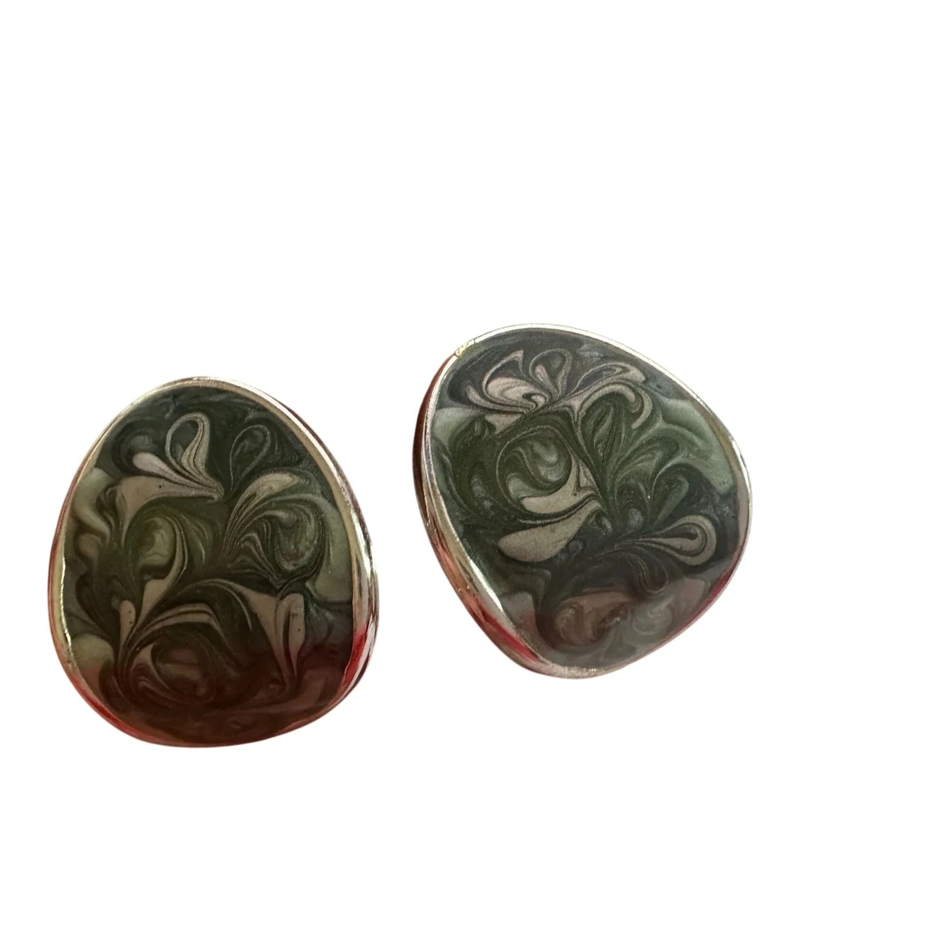 Women's Silver Toned Enamel Earrings with Green Blue Swirl Design - A+ Stuff - earrings - A+ Stuff