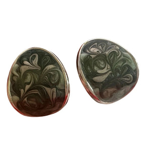 Women's Silver Toned Enamel Earrings with Green Blue Swirl Design