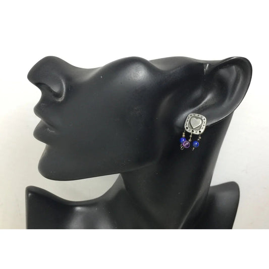 Women's Squared Silver tone and Purple Beaded Dangle Heart Earrings - A+ Stuff - earrings - A+ Stuff