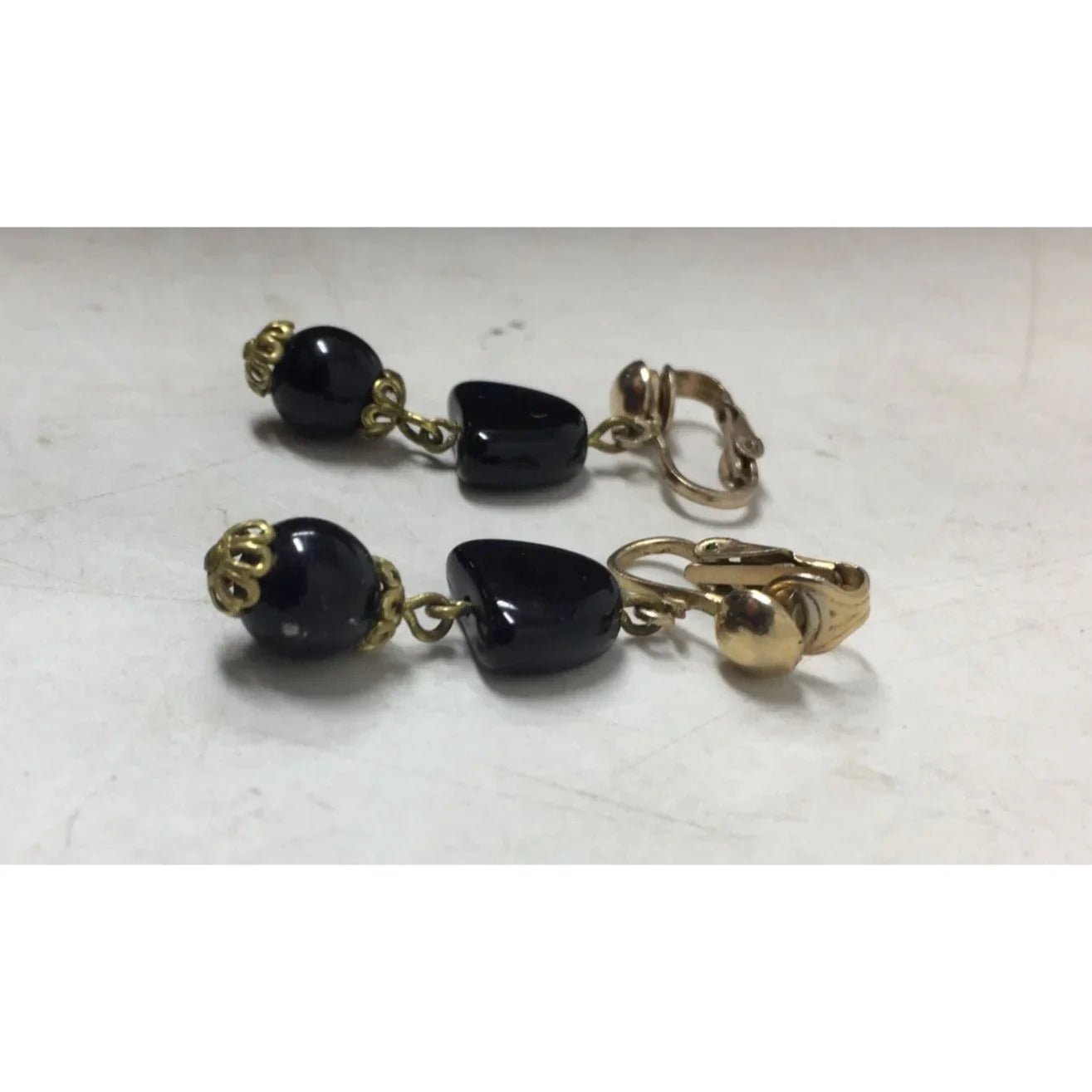 Women's Vintage Black and Gold Tone Dangle Clip on Earrings - A+ Stuff - Earrings - A+ Stuff