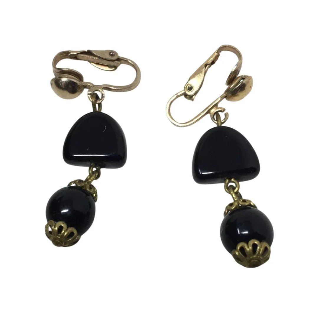 Women's Vintage Black and Gold Tone Dangle Clip on Earrings - A+ Stuff - Earrings - A+ Stuff